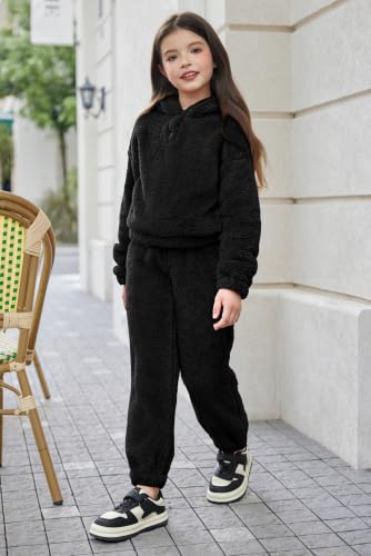 Image of Arshiner Girls 2 Piece Outfits Sweatsuit Fuzzy Long Sleeve Bear Ear Hoodie Sweatshirt and Sweatpant Kids Clothing Sets