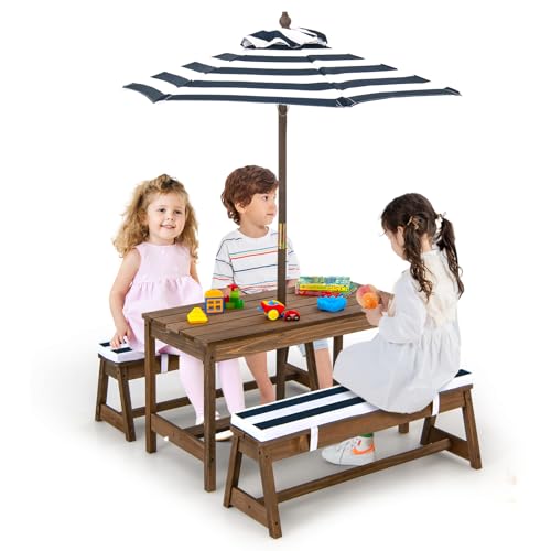 DORTALA Kids Picnic Table, Outdoor Toddler Table and Bench Set with Removable Umbrella & Cushions, Wooden Outdoor Kids Furniture Set, Gift for Toddler Aged 3-8, Blue