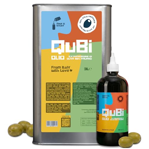 QuBi | Aceite de Oliva Virgen Extra | Kit Botella Squeeze 500ml + Lata Recarga 3L | 100% Italiano | Extraído en Frío | Sin Aditivos