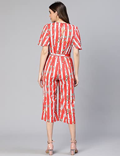 Image of oxolloxo Women Stripe & Floral Print Tie-Knotted Polyester Jumpsuit