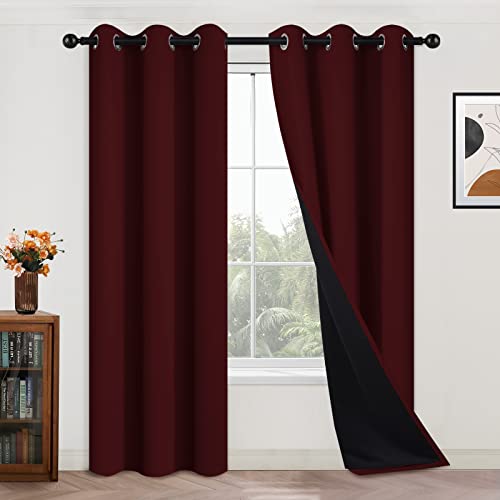 Image of Yakamok Burgundy Red Blackout Curtains 84 Inches Long for Bedroom 42 inch Wide | Blackout Curtain Panels for Bedroom, 2 Thick Layers Grommet Top Thermal Insulated Drapes with Black Liner for Living Room