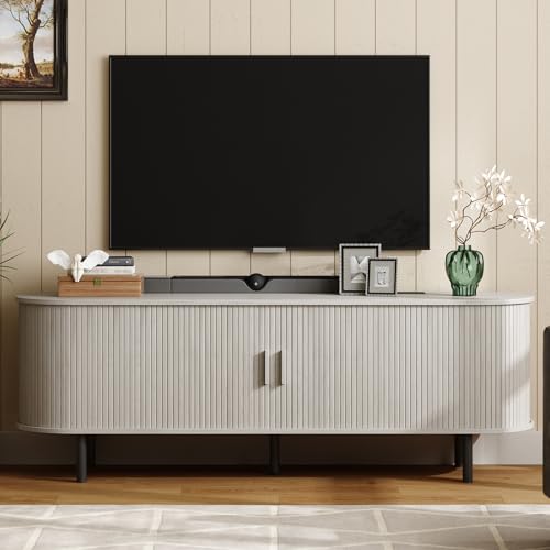 Image of ONBRILL 63 inch TV Stand with Power Outlet for TVs up to 70 Inch, Entertainment Center with Storage and Adjustable Shelves, Modern Media Console with Sliding Doors for Living Room, Natural White