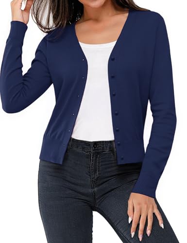 Aottori Cardigan Mujer Elegante Bolero Cuello V Manga Larga Chaqueta Básica con Botones Jersey Ligero Sólida Casual Abrigo Ropa Azul Marino L