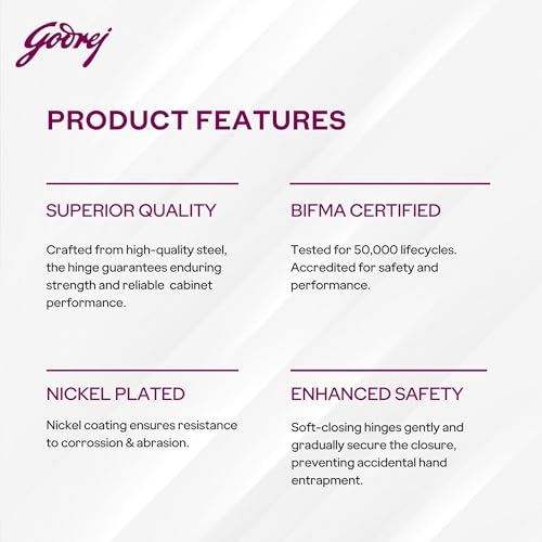 Image of Godrej Cabinet Hinges | Soft Close | Clip On 3D | 4 Hole Full Overlay | Suitable for 14-20 mm Thick Panel | 105 Opening | Wardrobe, Kitchen, Bathroom | 1 Year Warranty