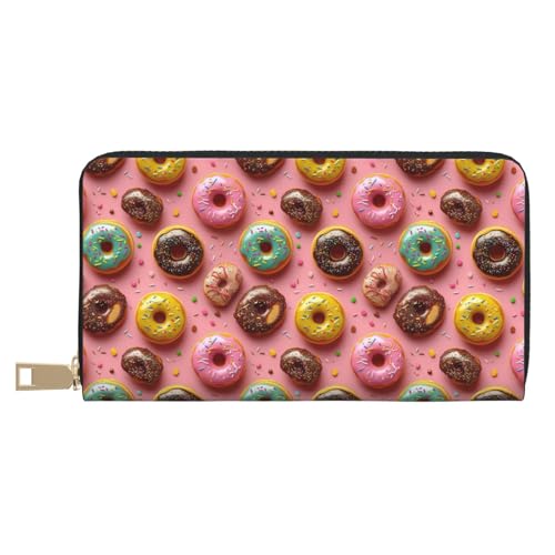 Leather Thin Slim Wallets for Women & Men - Pink Donut Cute Print Card Wallet Holder with Zipper