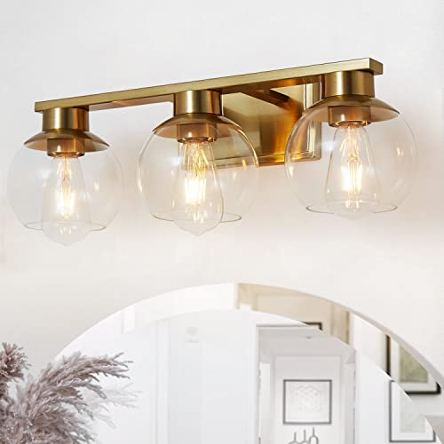 3-Light Brushed Brass Bathroom Vanity Lights, Gold Bathroom Light Fixtures Over Mirror with Globe Glass Shade, 22in Modern Wall Sconces for Bath Mirror Bedroom Hallway, E26 Base (Bulbs Not Included) by PAZALA - Used condition - US$41.99