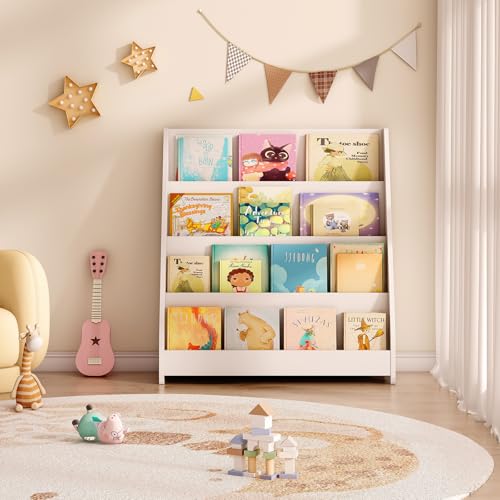 Image of Tatub 4 Tier Kids Wooden Bookshelf, Toddler Sling Bookcase Montessori Bookshelf, Children Front Facing Book Shelf for Nursery, Playroom and Classroom, White