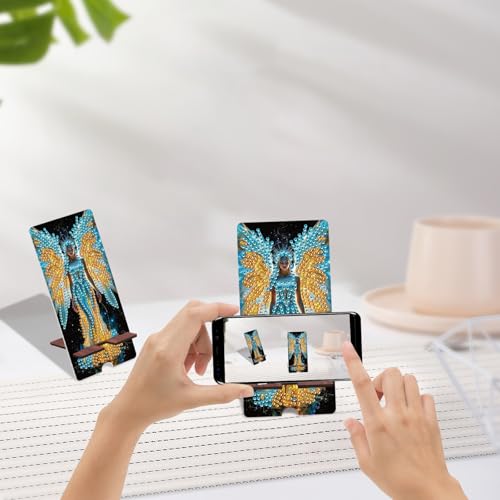 Image of Butterfly Fairy Diamond Painting Phone Stand with Mirror, DIY Wooden Diamond Art Desktop Holder, 2-in-1 Multi-Functional Diamond Painting Tabletop Ornament for Home and Office