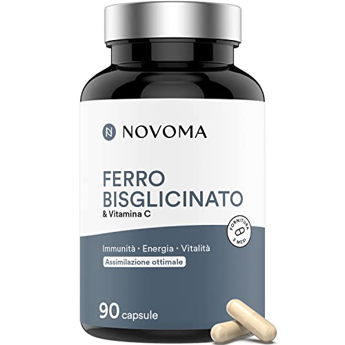 NOVOMA Ferro Bisglicinato 14mg + Vitamina C, Alta Biodisponibilità, Integratore Ferro Ferrochel®, Energia e Sistema Immunitario, 90 Capsule Vegane, Prodotto in Francia