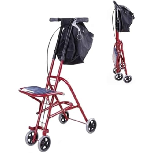Dlwk 四輪折りたたみ式高齢者用ウォーキングショッピングカート歩行器(座席付き)ショッピングトロリー高齢者用ポータブルウォーカー屋内・屋外兼用ベビーカー (レッド)