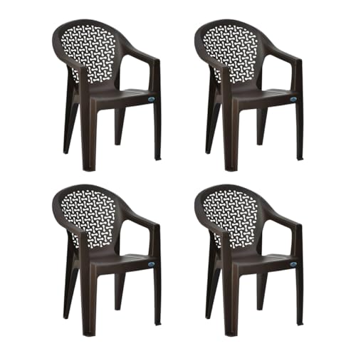 Plastic Chair with Arm |Set of 4| 3 Year Warranty | for Home, Living Room, Outdoor | Season Rust Brown Colour | Comfy