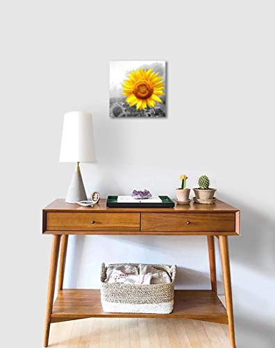 Sunflower Canvas Wall Art Bathroom Decor Black And White Flower Wall Decor Yellow Sunflower Picture Prints For Girls Kids Bedroom Framed Artwork Easy To Hang 14"X14" Home Decor #TOP1