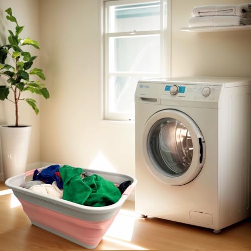 Image of SAMMART 41L (10.8 gallon) Collapsible Plastic Laundry Basket - Foldable Pop Up Storage Container /Organizer - Portable Washing Tub - Space Saving (Grey /Quartz Pink, Rectangular)
