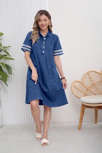 Image of utcoco Denim Dress for Women 2026 Casual Tulle Short Sleeve Button Jean Midi Dress with Pockets