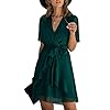 BTFBM Women 2023 Fashion Faux Wrap V-Neck Dresses Short Sleeve High Waist Belt Swing Ruffle Hem Aline Summer Short Dress(Dark Green, Large)