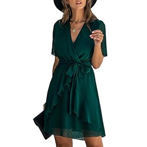 BTFBM-Women-Fashion-Faux-Wrap-Swiss-Dot-V-Neck-Short-Sleeve-High-Waist-A-Line-Ruffle-Hem-Plain-Belt-Short-Dress BTFBM Women 2023 Fashion Faux Wrap V-Neck Dresses Short Sleeve High Waist Belt Swing Ruffle Hem Aline Summer Short Dress(Dark Green, Large)