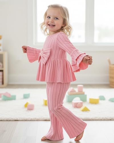 Image of SODLON Baby Girl Clothes Toddler Fall Winter Outfits Ruffle Long Sleeve Bow Top Flared Pants Set Bell Bottom Clothing 18M-5T
