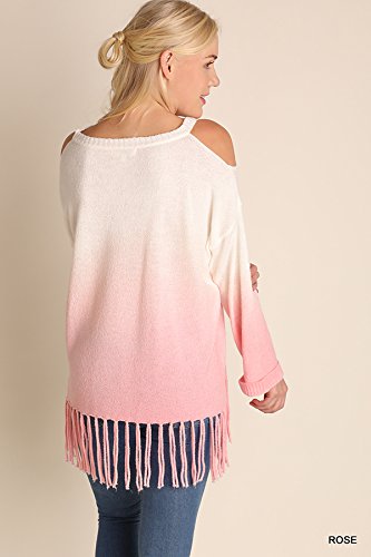 Umgee Women's Ombre Cold Shoulder Fringe Light Sweater Plus Size (1X, Rose) #TOP2