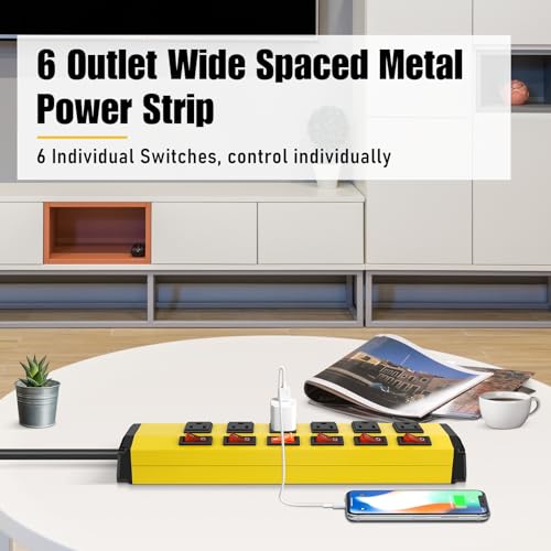 Annquan 6 Outlet Metal Power Strip With 6 Individual Switches,Heavy Duty Power Strip 1200J 15A 6Ft Cord Home Office Industrial Commercial Shop thumb #1