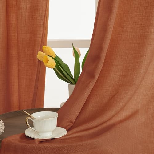 Image of LAMIT Short Linen Curtains 40 Inch Length for Small Windows, Light Filtering Neutral Window Curtains Farmhouse Boho Grommet Panels for Kitchen /Bathroom /Cafe, 2 Panels, Terracotta, 42 x 40 Inch