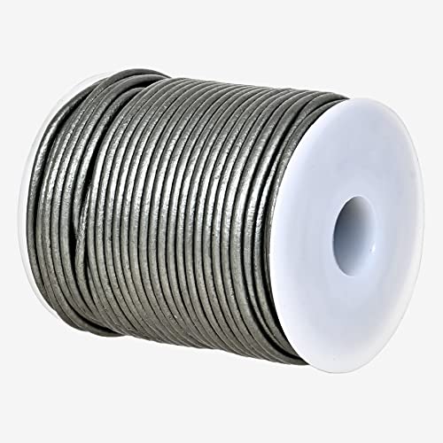 GENIQUE Real/Genuine Round Leather String Cord for Necklace, Bracelets, Jewelry, Kumihimo Braiding, DIY Projects (20 Metres) (2mm, Grey Metallic)