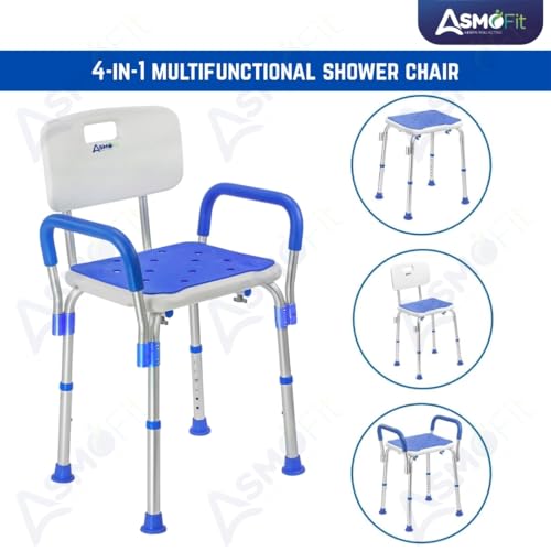 Image of Asmofit Shower Bench for Elderly,Senior Citizens and Patient with Padded Armrests and Back | Tool-Free Assembly BathChair with Anti-Slip Rubber Tips & Height Adjustable Shower Seat for Bathroom