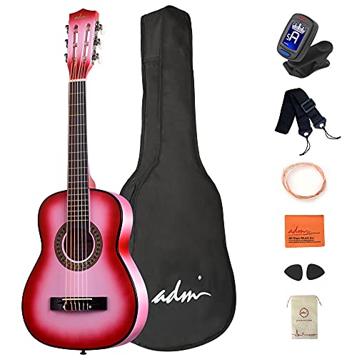 ADM Beginner Acoustic Classical Guitar 30 Inch Nylon Strings Wooden Guitar Bundle Kit for Student Youth Guitarra Online Lessons with Gig Bag, Strap, Tuner, Extra Strings, Pick,Pink