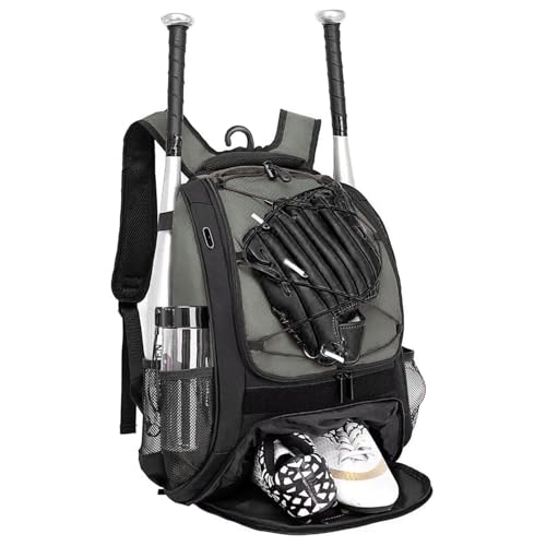 DAFISKY Baseball Bag Softball Backpack - Youth Adult T Ball Bat Equipment Bag with Bat and Helmet Holders Shoe Compartment and Hook Gray