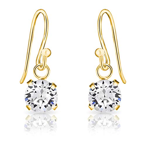 DTPsilver - Boucles d'oreilles Pendantes à Crochet en Argent Fin 925 Plaqué Or Jaune et Cristaux de Swarovski® Elements Ronds - Diamètre: 6 mm - Couleur: Cristal Clair