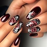 LBPEPAMZ 24Pcs Dark Rose Press on Nails Medium Coffin Fake Nails with Dark Red Rose Designs Wine Red y2k Flower Acrylic Nails False Nails Black Full Cover Glossy Stick on Nails for Women Decor
