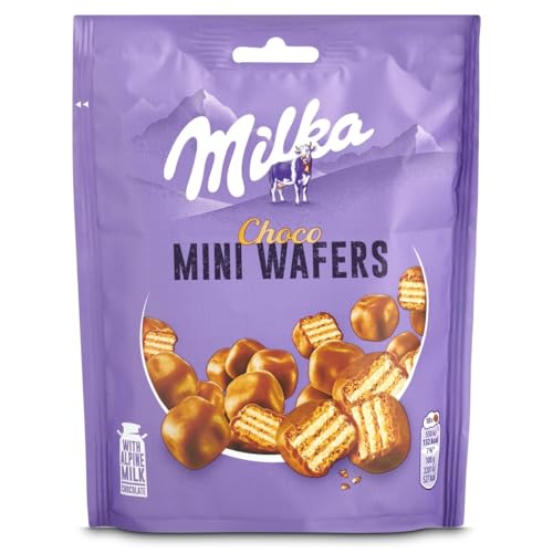 Milka Mini Wafers Galletas Barquillo con Relleno Cremoso y Cubierto de Chocolate con Leche de los Alpes 110g