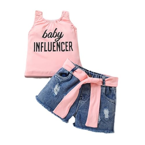 UUAISSO - UUAISSO Vêtements pour Filles Haut avec Imprimé Lettres Denim Déchiré Paillettes Ensemble de Shorts Vêtements pour Filles, rose, 6-12 mois