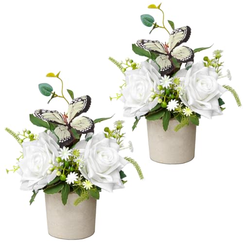 Kainonnan 2 Pack Small Artificial Plants in Pots Rose Decor Fake Flowers in Pot Decorative Plants for Home Bathroom Shelf Party Wedding Office Table Decor(White)