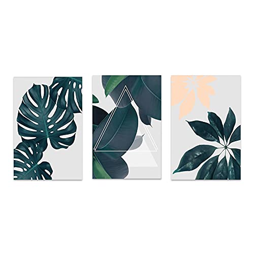 Peinture art mural abstrait affiche sur toile feuilles vertes design scandinave 50x70cm x3