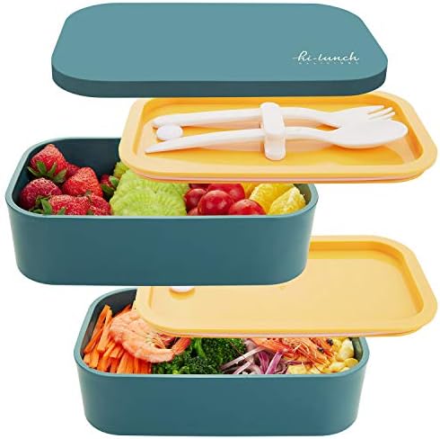 Bento Lunch Box - All-in-One Stackable Japanese Bento Box - Leakproof Eco-Friendly Meal Prep Containers for Men Women, Microwave and Dishwasher Safe,Easy Wash (Blue)