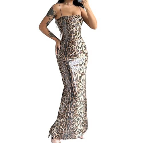 Women's Leopard Print Sequin Maxi Dress Glitter Sexy Bodycon Sleeveless Long Dress