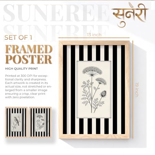 Image of Vintage Black White Wall Art Frames for Living Room Bedroom - Minimalist Botanical & Bird Stripe Wall Painting Set | Modern Aesthetic Monochrome Home Wall Decor with Frame (Art 11, 13x19 Inches)