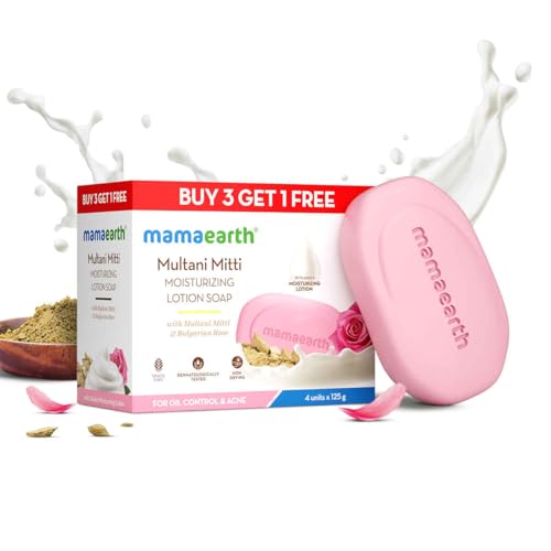 Image of Mamaearth Multani Mitti Moisturizing Lotion Soap with Multani Mitti & Rose for Oil Control & Acne (3 + 1 Free) (125 gm x 4) | Benefits of Lotion | Deeply Cleanses & Moisturizes | Grade 1 Acne soap