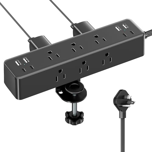 Image of Flat Plug Desk Clamp Power Strip 10FT, 24W Total Charging Station, Desk Edge Mount Power Strip 9 AC Outlets 8 USB Ports Surge Protector, Fit 1.7 inch Tabletop Edge, Home Office Accessories