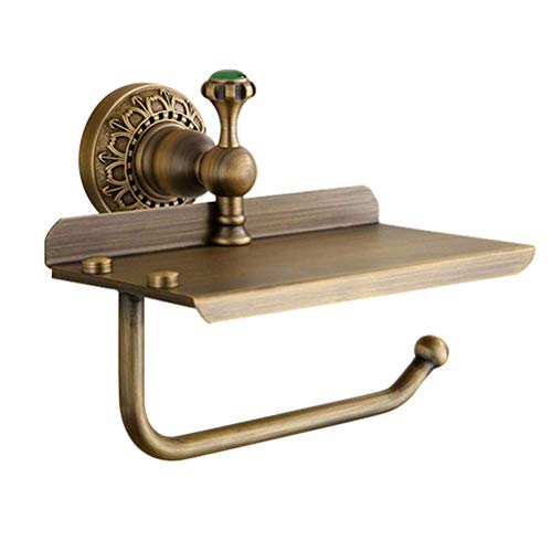 Soporte de papel higiénico de latón antiguo con estante para teléfono, elegante estante dispensador de pañuelos montado en la pared para baños modernos, elegante y duradero, solución de almacenamiento