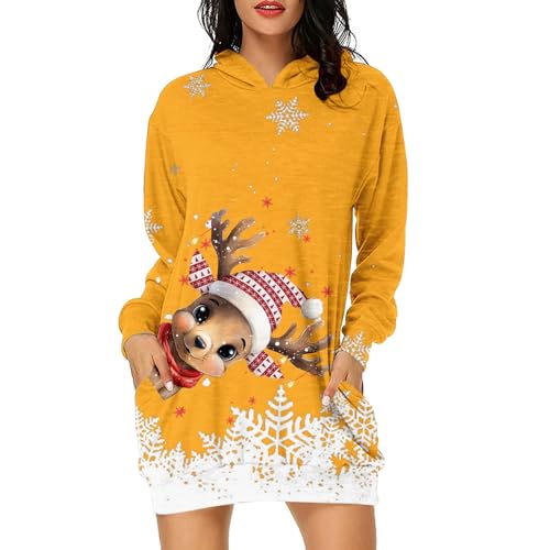 Weihnachts Pullover Kleid Damen Ugly Christmas Pullover Lang Weihnachtswichtel Druck Lässig Weihnachtskleid Kitschige Oversize Kapuzenpullover mit...