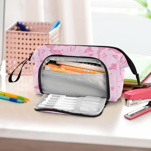Image of Western Cowboy Pink Pencil Case Pouch Big Capacity Pencil Bag Box Organizer Pen Case Pencil Pouch Aesthetic with Handle for Teen Girls Boy College Women School