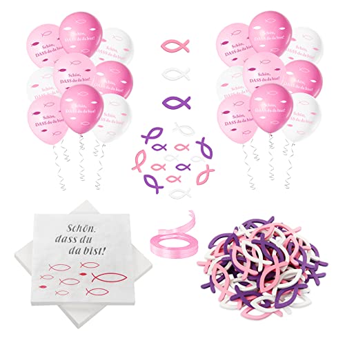 32 Stück Servietten Fisch Rosa Türkis +60 Stücke Holz Fische Deko+18 Luftballons , Taufdeko , Servietten für Mädchen Konfirmation Kommunion Taufe Tischdeko, Servietten Taufdeko Tisch Deko (Rosa) Cover