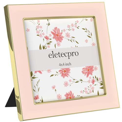 Image of eletecpro 4x4 Enamel Picture Frame Set of 2 with Real Glass Cover, Square Photo Frame with Gold Metal Edge Display Pictures 4 by 4 for Tabletop and Wall Decor, Pink