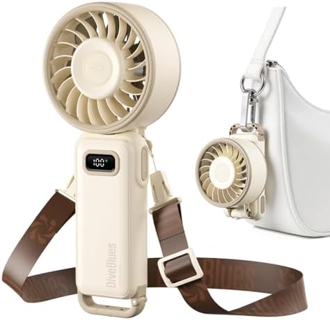 Diveblues Portable Handheld Fan, 7.4m/s High Speed Turbo Fan, 180° Foldable 4-in-1 Personal Neck Fan Carabiner Clip, 100 Speed Stepless Control, USB-C Rechargeable for Travel, Makeup Hot Flashes,D6036