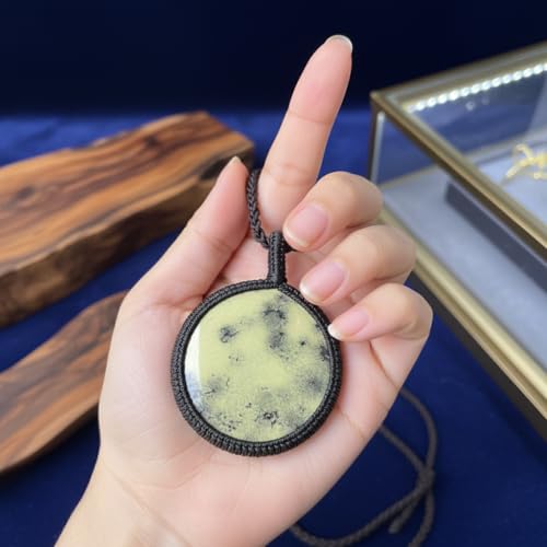 Collier pendentif rond en dendrite jaune naturelle chaîne cuir 45cm - 5