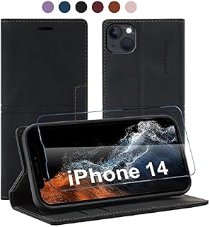 13peas Case for iPhone 142022 Released, Cowhide Leather Wallet case with 1 Tempered Glass Screen ProtectorCard Holder Slots as Kickstand Protective Business flip Cover (Black)