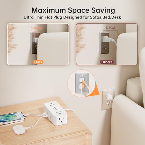 6.5Ft Power Strip with Surge Protector, 4 Outlets 3 USB Ports Extension Cord, Flat Plug Charging Station for Home Office Desk & College Dorm Essentials, White - Image 5