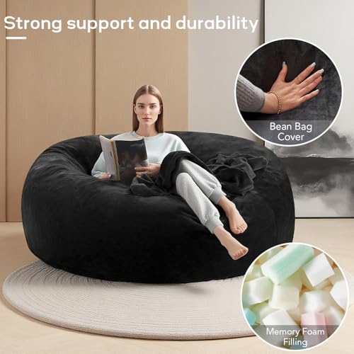 Image of Bean Bag Chair with Plush Faux Fur Cover with Removable CoverBig Bean Bag Chair for Living Room Bedroom (Black, 4FT)