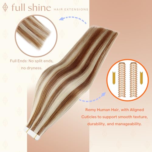 Image of Full Shine Human Hair Tape in Extensions, Ginger Blonde Mix 22 Inch | 50g 20PCS Invisible Double Sided Hair Extensions Tape in, Seamless Straight Bouncy Blowout Natural Styling Full Ends